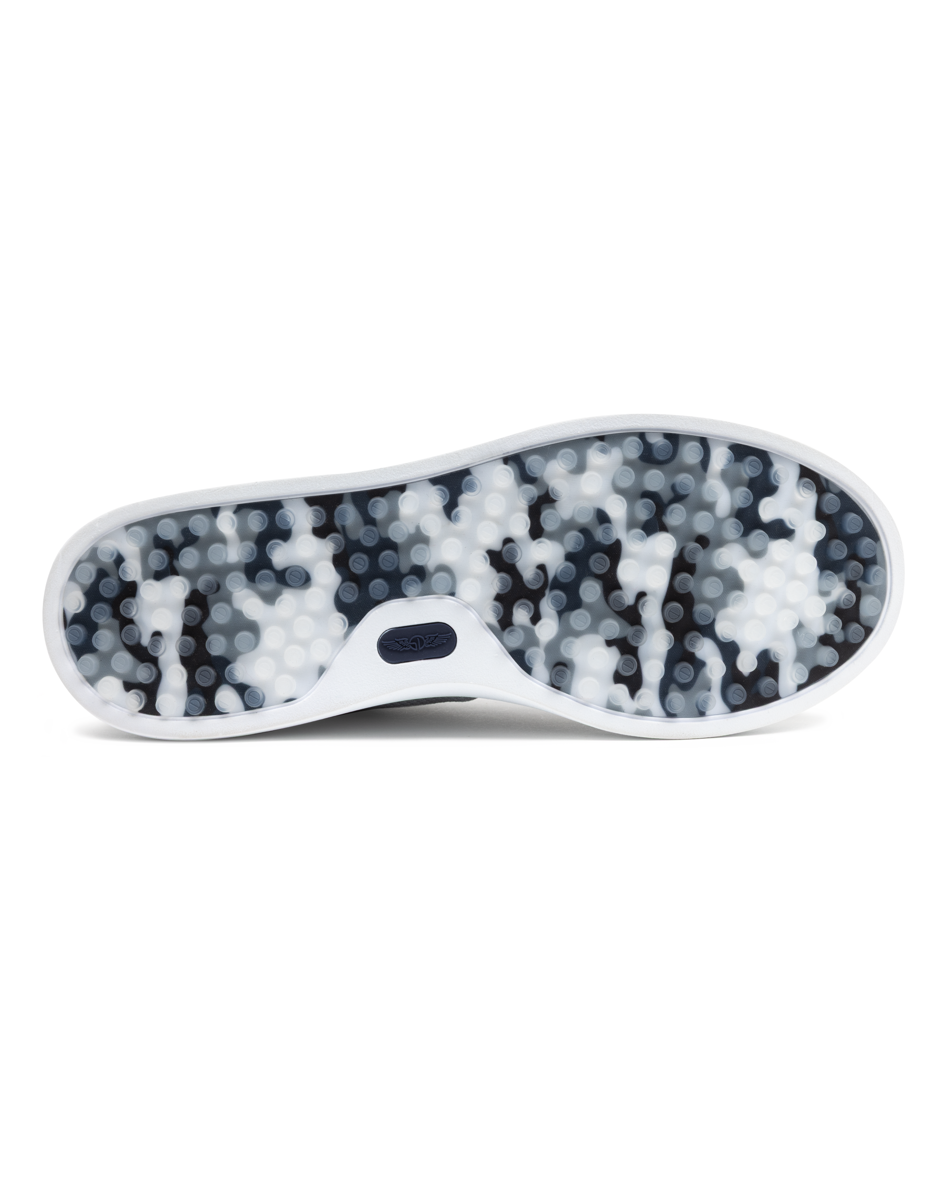 Field V3 Shoes in Silver, full outsole view featuring a black and white camo-patterned rubber traction sole with circular grip nubs, white midsole edge, and navy Straight Down logo detail on the heel