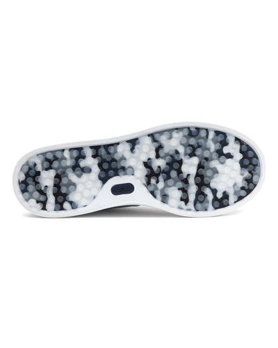 Field V3 Shoes in Silver, full outsole view featuring a black and white camo-patterned rubber traction sole with circular grip nubs, white midsole edge, and navy Straight Down logo detail on the heel
