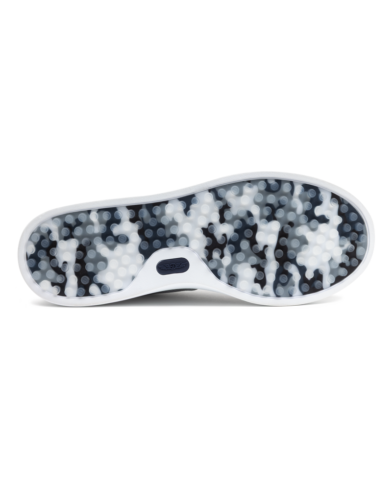 Field V3 Shoes in Silver, full outsole view featuring a black and white camo-patterned rubber traction sole with circular grip nubs, white midsole edge, and navy Straight Down logo detail on the heel