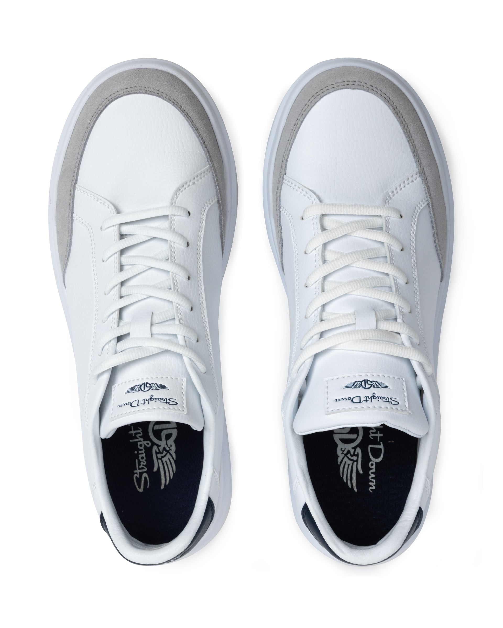 White sneakers with a brand logo on a white background