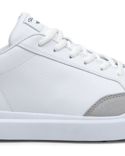 Cruise Shoes in White, close-up side view featuring a white leather upper with light gray suede heel accent, white lace-up closure, and Straight Down logo tongue tab detail on a white midsole