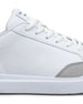 Cruise Shoes in White, close-up side view featuring a white leather upper with light gray suede heel accent, white lace-up closure, and Straight Down logo tongue tab detail on a white midsole