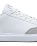 Cruise Shoes in White, close-up side view featuring a white leather upper with light gray suede heel accent, white lace-up closure, and Straight Down logo tongue tab detail on a white midsole