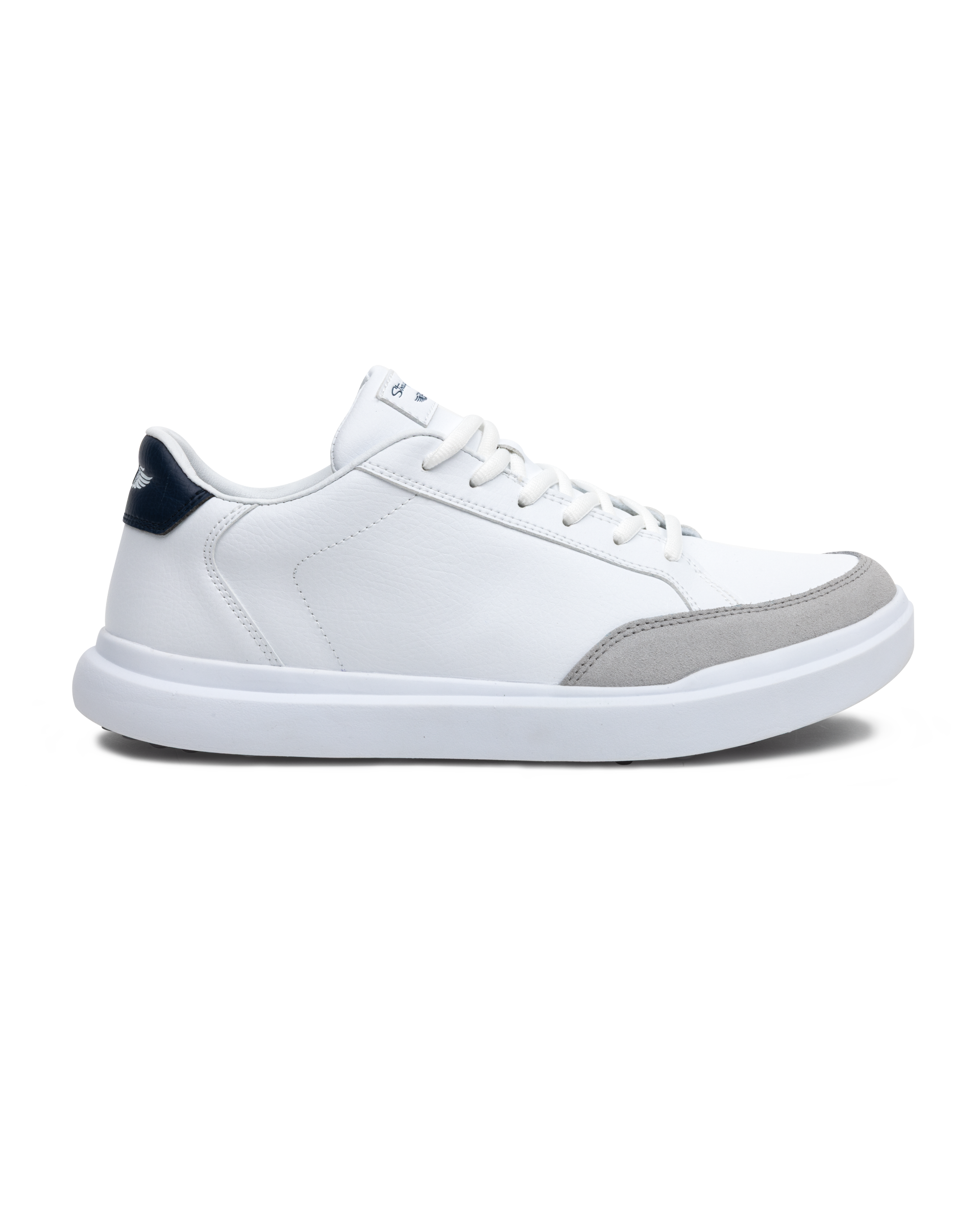 Cruise Shoes in White, full side view featuring a white leather upper with light gray suede heel accent, navy collar lining with Straight Down logo detail, white lace-up closure, and clean white midsole