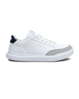 Cruise Shoes in White, full side view featuring a white leather upper with light gray suede heel accent, navy collar lining with Straight Down logo detail, white lace-up closure, and clean white midsole
