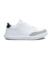 Cruise Shoes in White, full side view featuring a white leather upper with light gray suede heel accent, navy collar lining with Straight Down logo detail, white lace-up closure, and clean white midsole