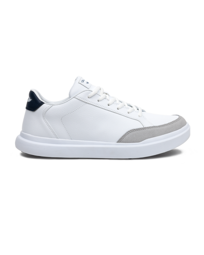 Cruise Shoes in White, full side view featuring a white leather upper with light gray suede heel accent, navy collar lining with Straight Down logo detail, white lace-up closure, and clean white midsole