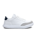 Cruise Shoes in White, full side view featuring a white leather upper with light gray suede heel accent, navy collar lining with Straight Down logo detail, white lace-up closure, and clean white midsole