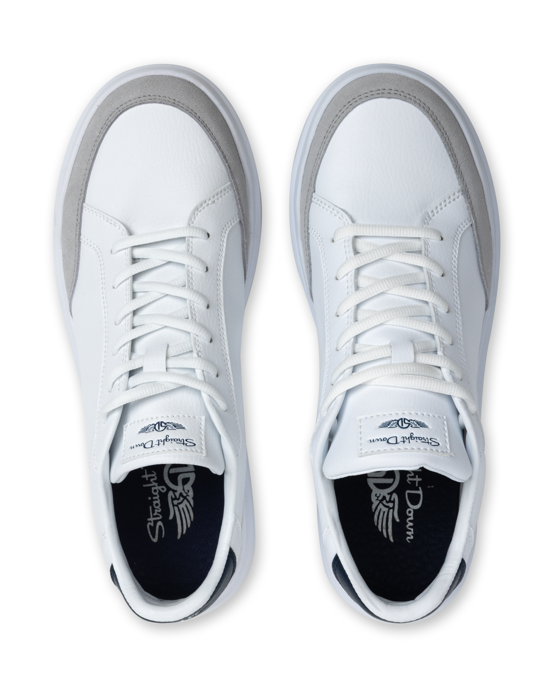 White sneakers with a brand logo on a white background