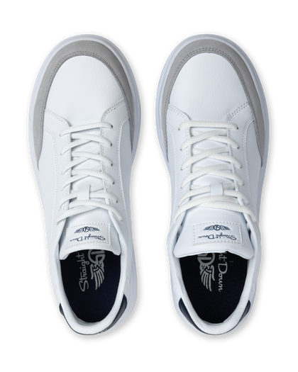 White sneakers with a brand logo on a white background