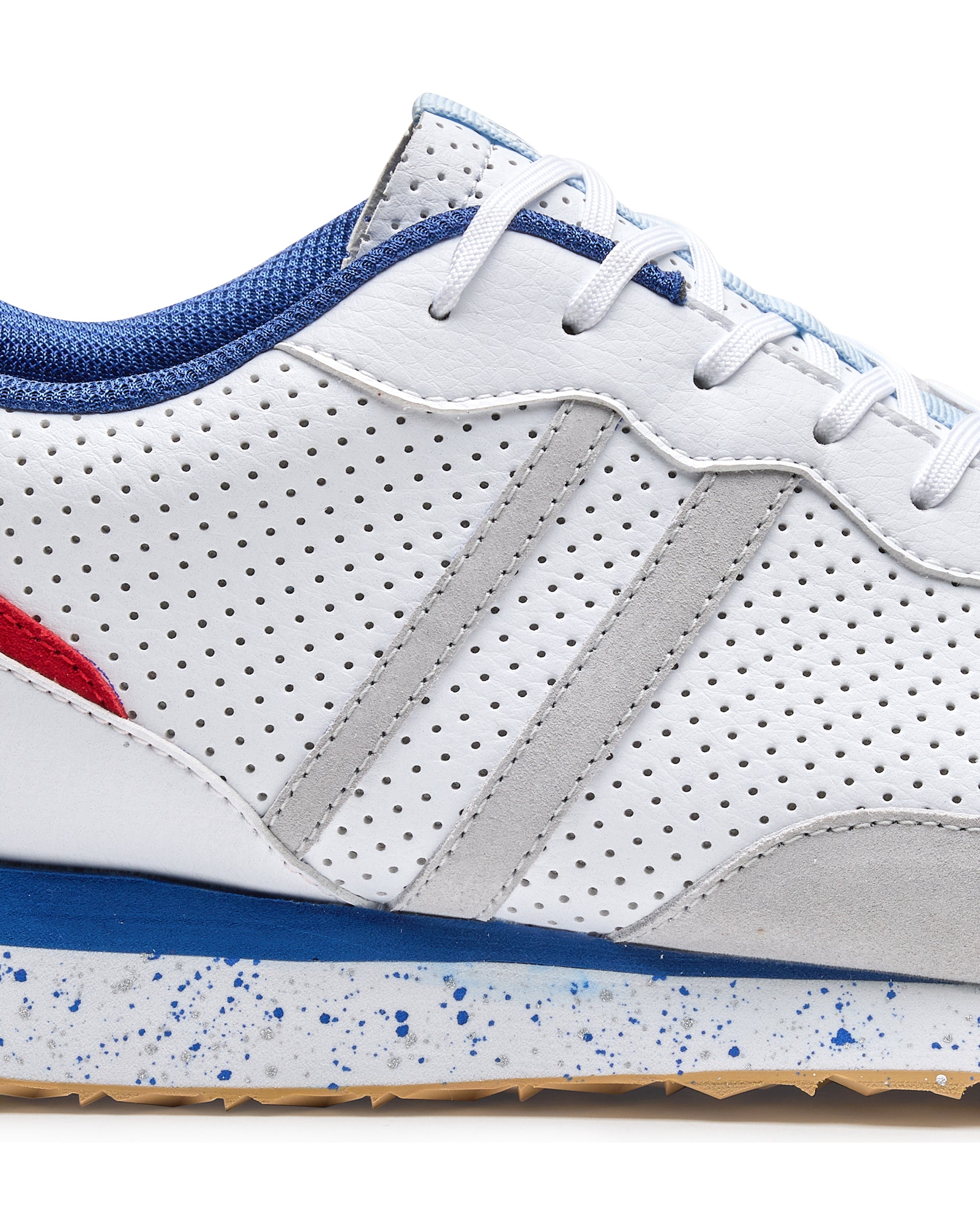 Clubhouse Trainer with white body, red and blue accents, side detail view