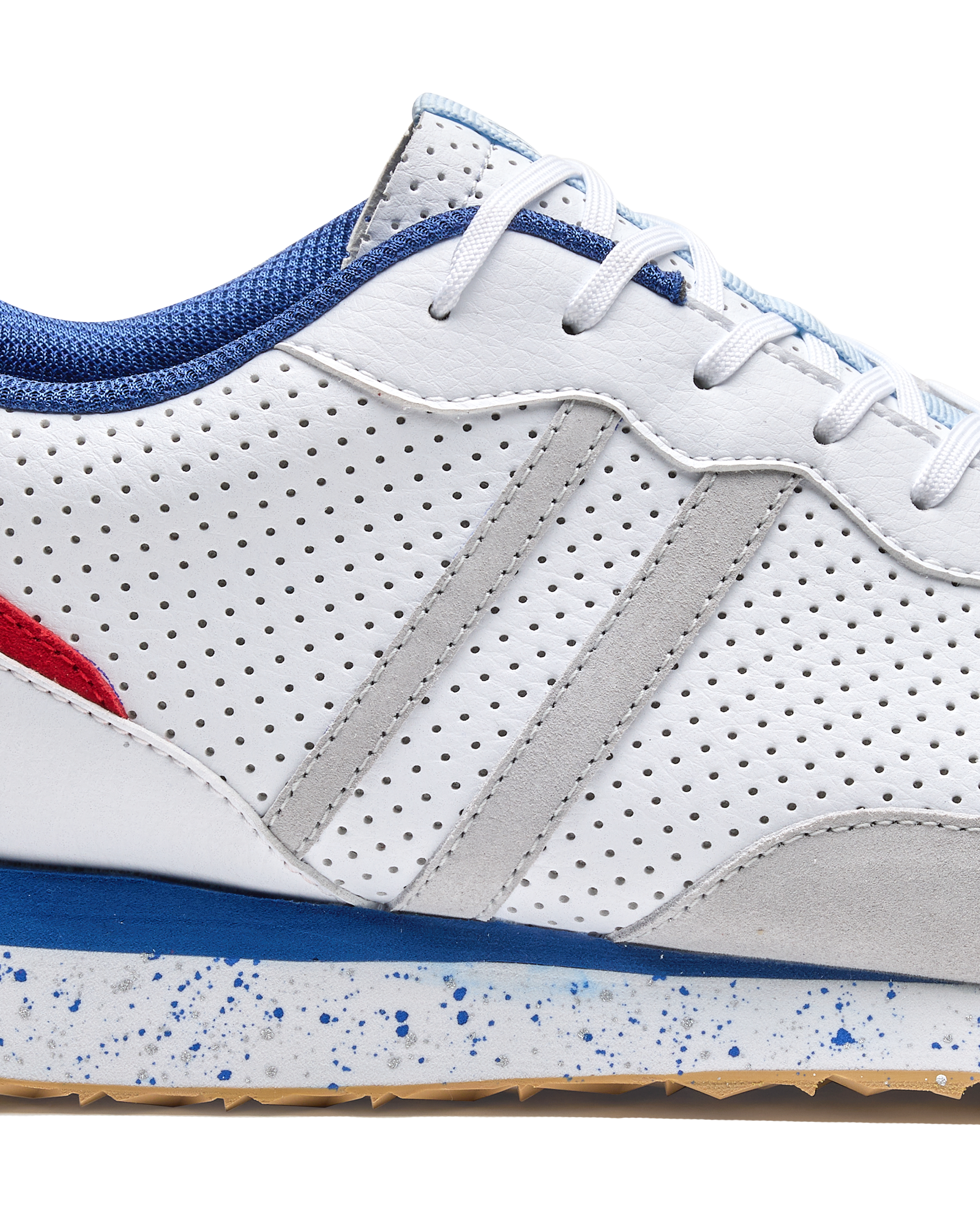 Clubhouse Trainer with white body, red and blue accents, side detail view