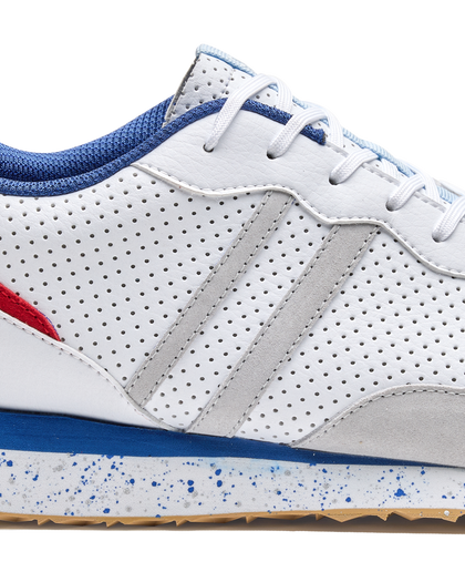 Clubhouse Trainer with white body, red and blue accents, side detail view