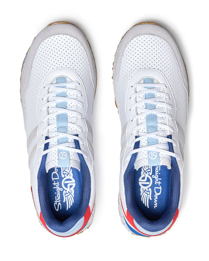 Clubhouse Trainer with white body, red and blue accents, top view