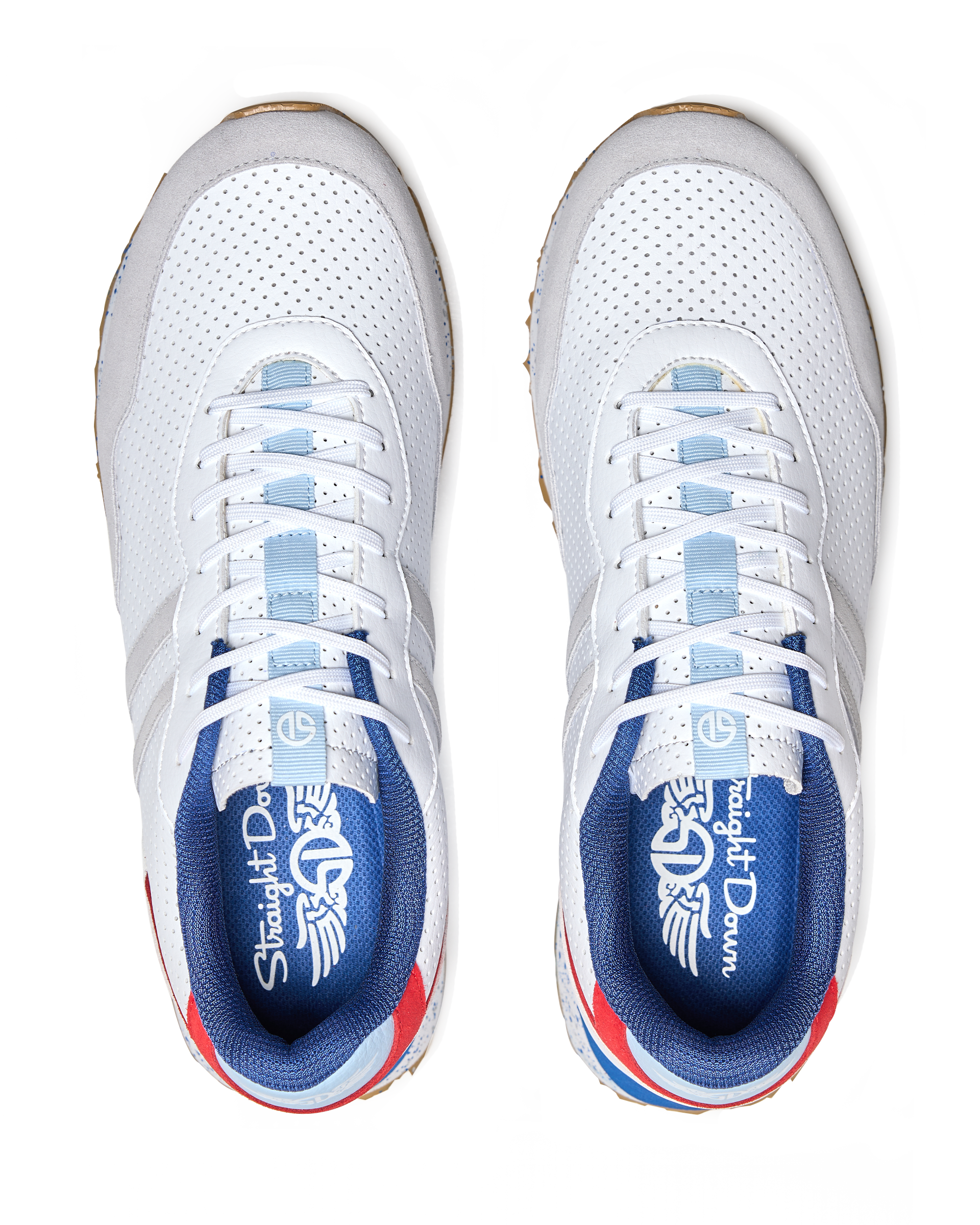 Clubhouse Trainer with white body, red and blue accents, top view