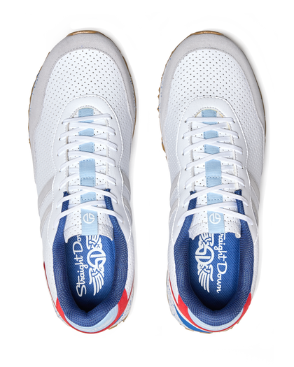 Clubhouse Trainer with white body, red and blue accents, top view