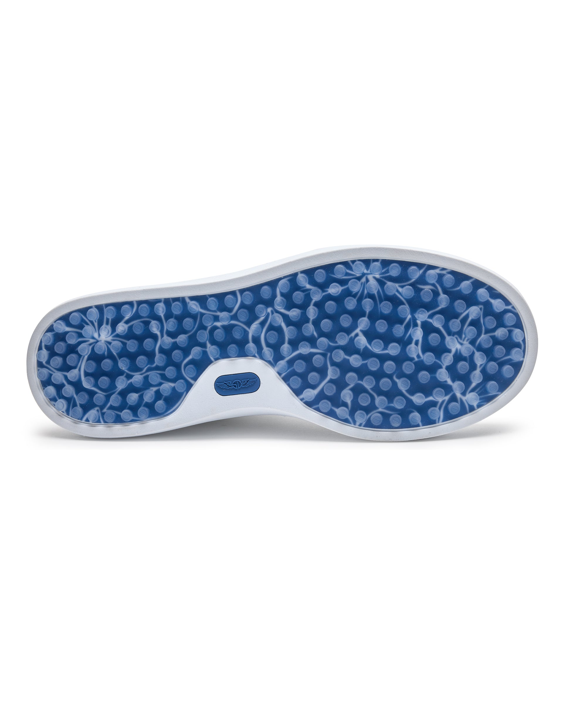 Cruise Perforated Sneaker in White with textured blue outsole, bottom view