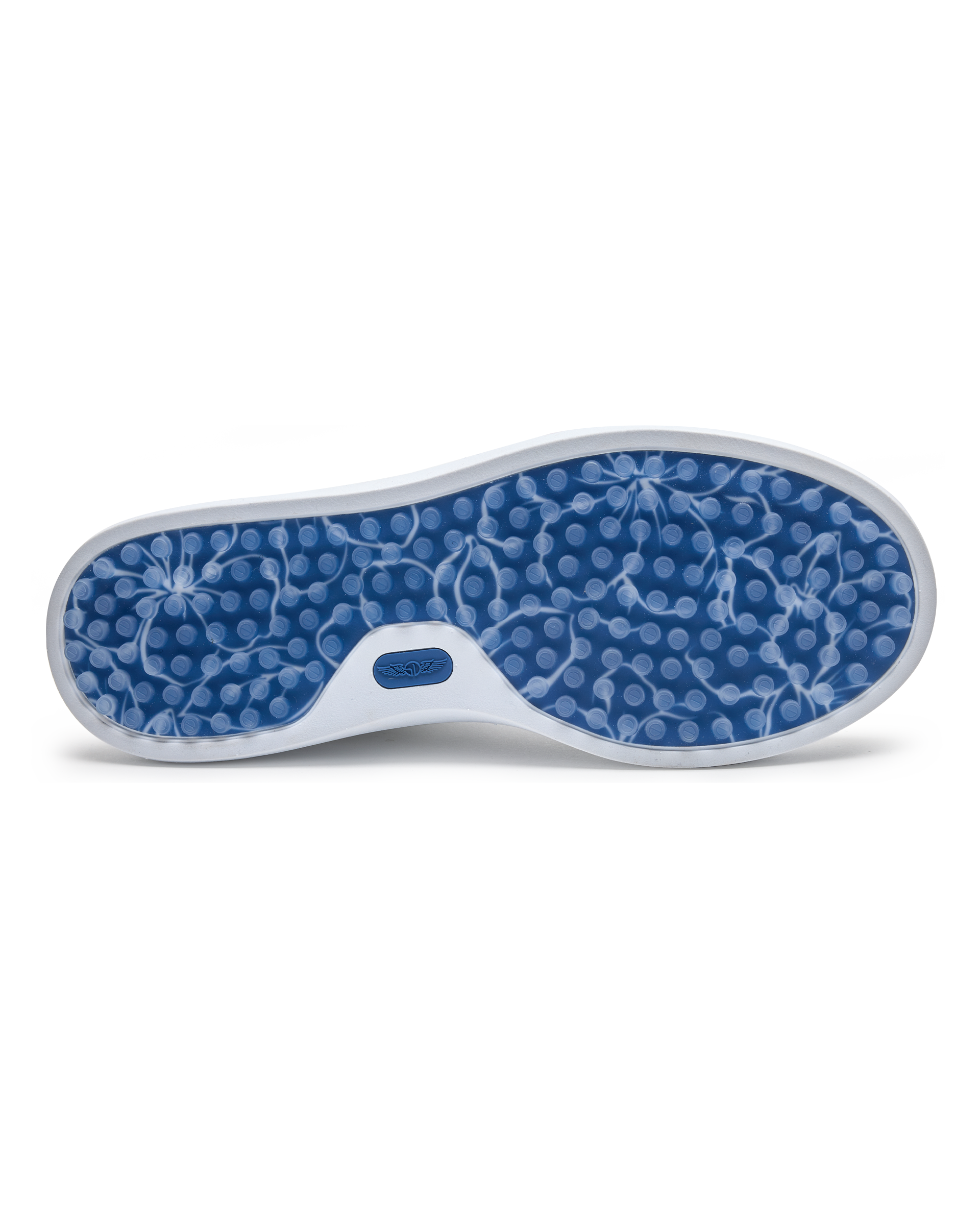 Cruise Perforated Sneaker in White with textured blue outsole, bottom view