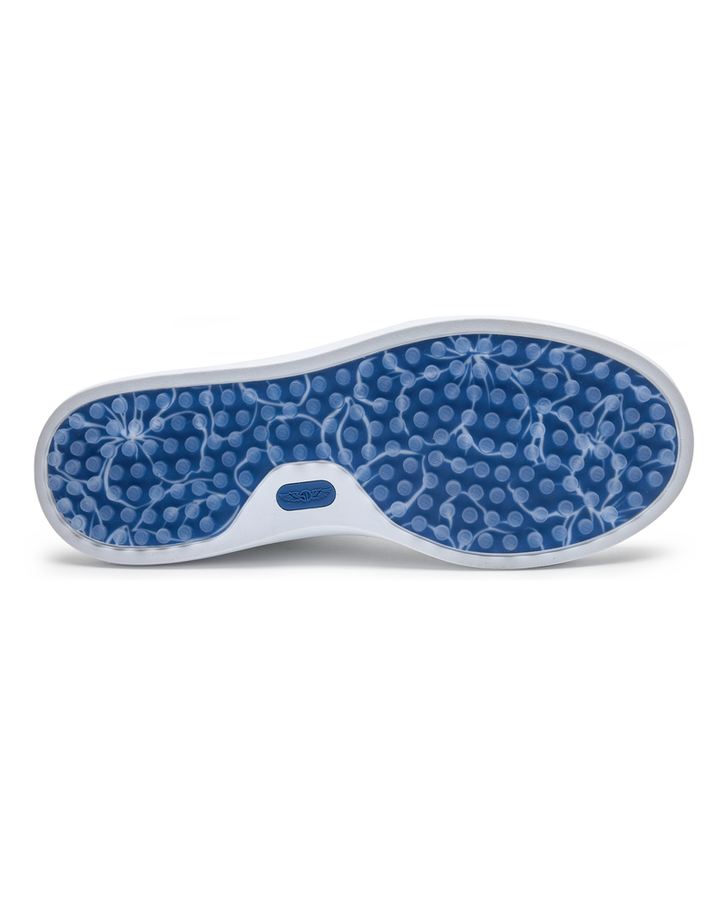 Cruise Perforated Sneaker in White with textured blue outsole, bottom view