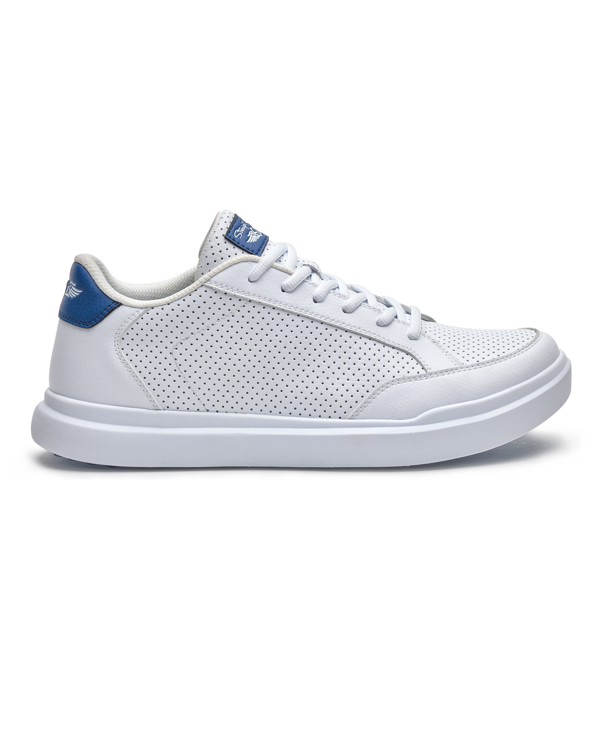 Cruise Perforated Sneaker in White with perforated upper and blue heel accent, side profile view