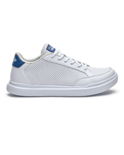 Cruise Perforated Sneaker in White with perforated upper and blue heel accent, side profile view