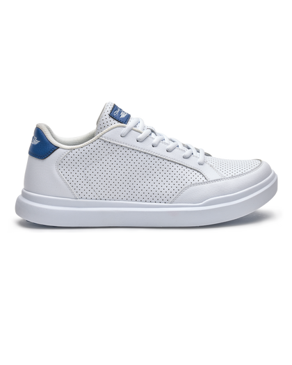 Cruise Perforated Sneaker in White with perforated upper and blue heel accent, side profile view