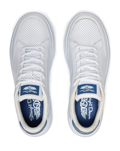 Cruise Perforated Sneaker in White with perforated toe box and blue logo accents, top view