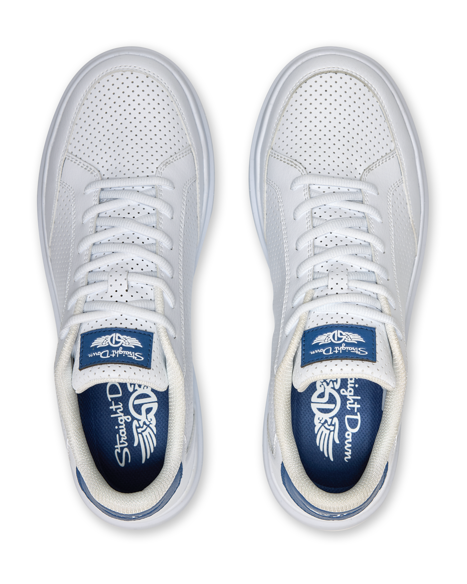Cruise Perforated Sneaker in White with perforated toe box and blue logo accents, top view