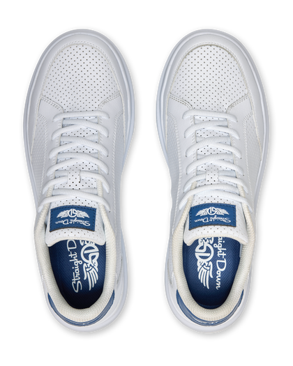 Cruise Perforated Sneaker in White with perforated toe box and blue logo accents, top view