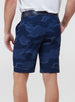Straight Down Men's Pendleton Short in New Indigo, on model back view showing navy blue camo print with back welt pockets and navy leather belt