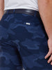 Straight Down Men's Pendleton Short in New Indigo, on model close-up back view showing navy blue camo print detail with back welt pocket and Straight Down logo tab
