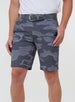 Men's Pendleton Short in Walrus, front view on model featuring a grey and charcoal camouflage print, worn with a grey leather belt and white golf shoes
