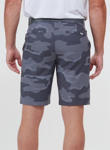 Men's Pendleton Short in Walrus, back view on model featuring a grey and charcoal camouflage print, worn with a grey leather belt