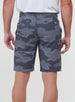 Men's Pendleton Short in Walrus, back view on model featuring a grey and charcoal camouflage print, worn with a grey leather belt