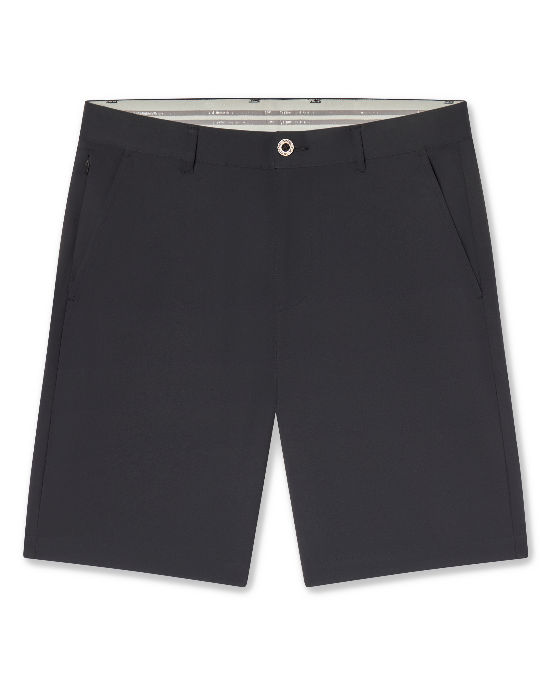 Men's Maverick Twill Short in Black, flat lay front view featuring a solid black short with a button waistband closure and slant front pockets