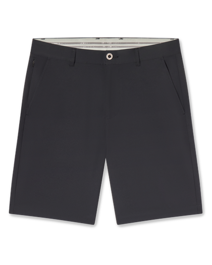 Men's Maverick Twill Short in Black, flat lay front view featuring a solid black short with a button waistband closure and slant front pockets