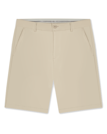 Men's Maverick Twill Short in Cashew, flat lay front view featuring a solid tan short with a button waistband closure and slant front pockets