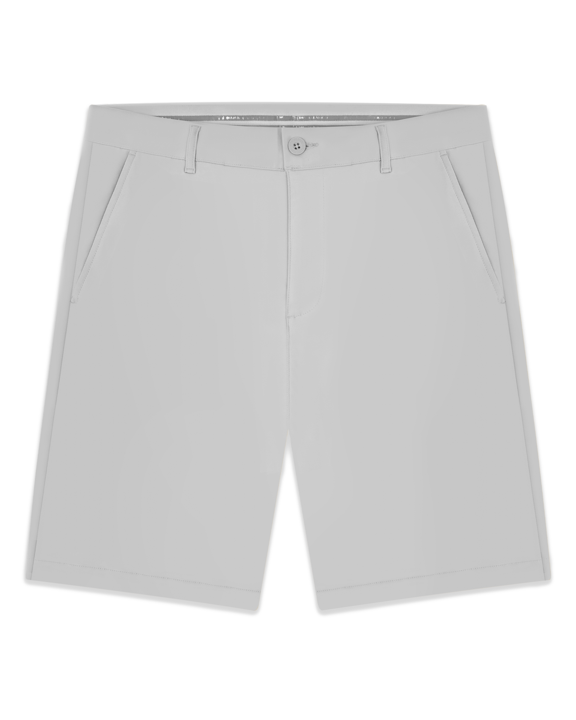 Men's Maverick Twill Short in Silver, flat lay front view featuring a solid light grey short with a button waistband closure and slant front pockets