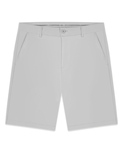 Men's Maverick Twill Short in Silver, flat lay front view featuring a solid light grey short with a button waistband closure and slant front pockets