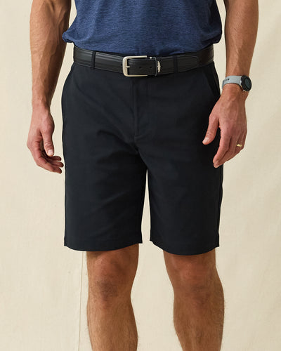 Men's Maverick Twill Short in Black, front view on model featuring black shorts with side pockets, styled with a blue shirt and black belt