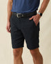 Men's Maverick Twill Short in Black, side view on model featuring black shorts with side pockets, styled with a blue shirt and black belt