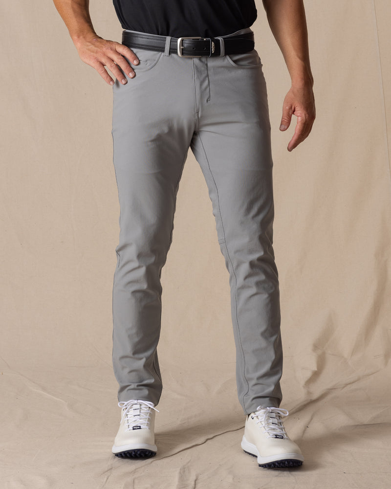 Hero Pant in carbon grey, front view on model
