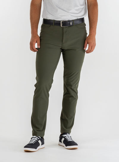 Hero Pant in olive green, front view on model