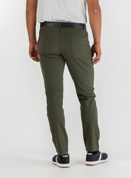 Hero Pant in olive green, back view on model