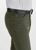 Hero Pant in olive green, front pocket and logo tab detail view