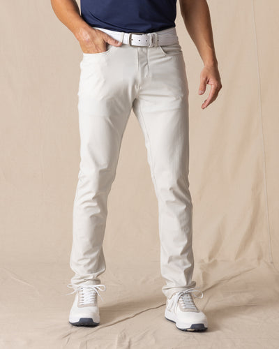 Hero Pant in stone, front view on model