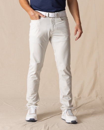 Hero Pant in stone, front view on model