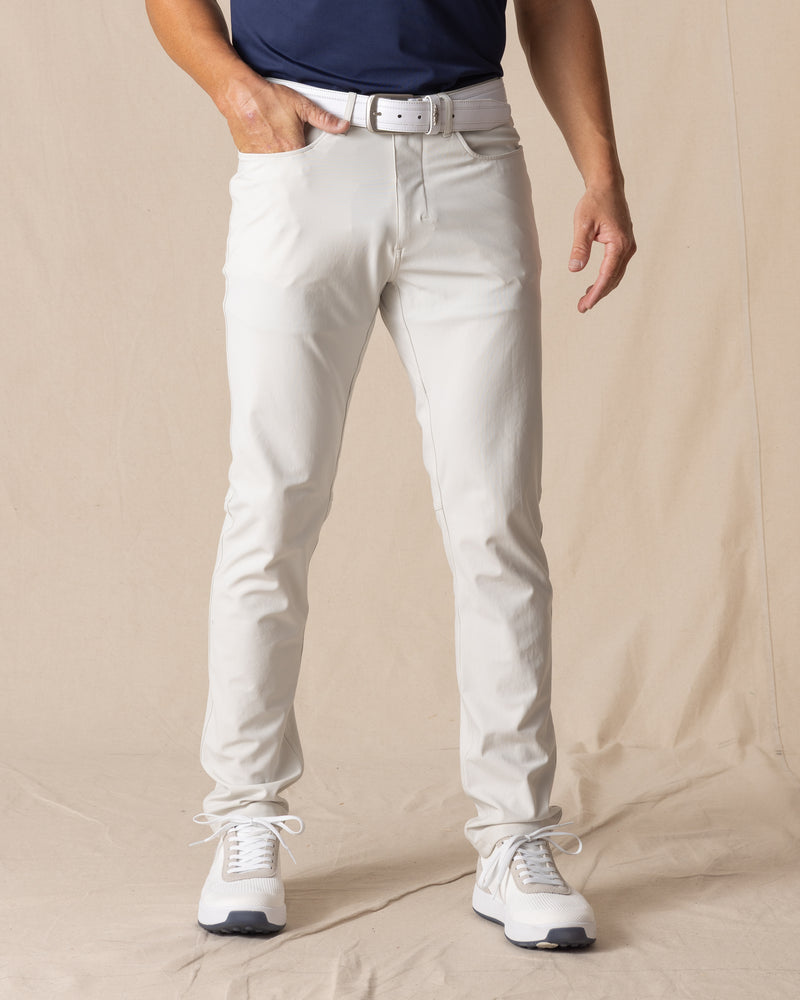 Hero Pant in stone, front view on model