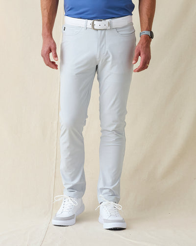 Hero Pant in silver, front view on model