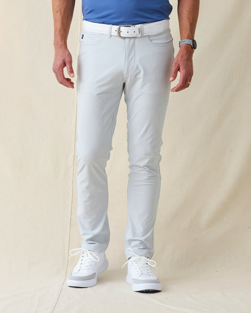Hero Pant in silver, front view on model